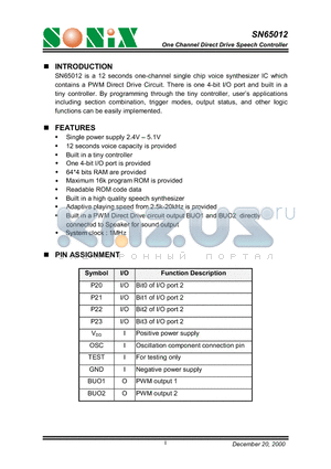 SN65012 datasheet - One Channel Direct Drive Speech Controller