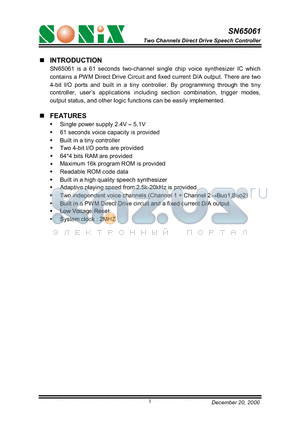 SN65061 datasheet - Two Channels Direct Drive Speech Controller