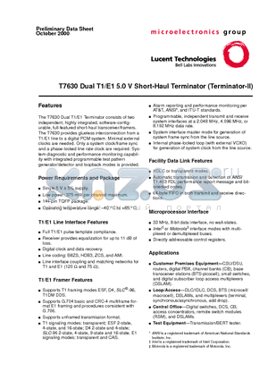 T7630 datasheet - T7630 Dual T1/E1 5.0 V Short-Haul Terminator (Terminator-II)