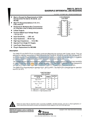 SN65175DE4 datasheet - QUADRUPLE DIFFERENTIAL LINE RECEIVERS