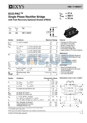VBE17-06NO7 datasheet - Single Phase Rectifier Bridge with Fast Recovery Epitaxial Diodes (FRED)