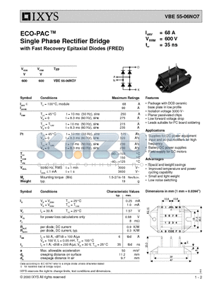 VBE55-06NO7 datasheet - ECO-PAC Single Phase Rectifier Bridge WITH FAST RECOVERY EPITAXIAL DIODES (FRED)