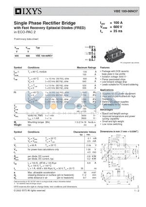 VBE100-06NO7 datasheet - Single Phase Rectifier Bridge with Fast Recovery Epitaxial Diodes (FRED)