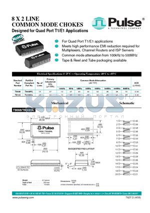 T8008NL datasheet - 8 X 2 LINE COMMON MODE CHOKES Designed for Quad Port T1/E1 Applications