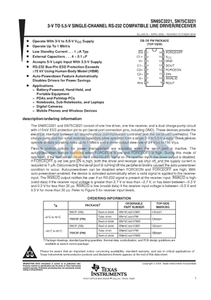 SN65C3221DBR datasheet - 3-V TO 5.5-V SINGLE CHANNEL RS-232 COMPATIBLE LINE DRIVER/RECEIVER