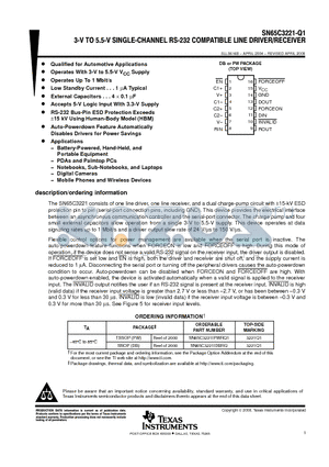 SN65C3221IDBRQ datasheet - 3-V TO 5.5V SINGLE-CHANNEL RS-232 COMPATIBLE LINE DRIVER/RECEIVER