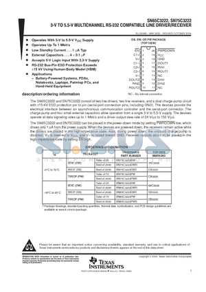 SN65C3222 datasheet - 3-V TO 5.5-V MULTICHANNEL RS-232 COMPATIBLE LINE DRIVER/RECEIVER