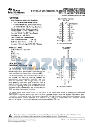 SN65C3222EDBRG4 datasheet - 3-V TO 5.5-V MULTICHANNEL RS-232 LINE DRIVERS/RECEIVERS WITH a15-kV ESD PROTECTION