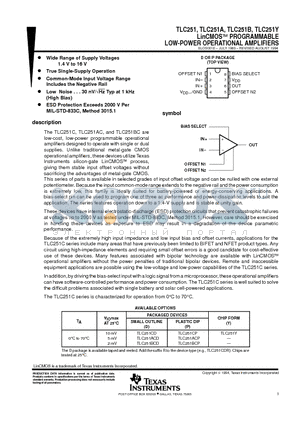 TLC251CP datasheet - LinCMOSE PROGRAMMABLE LOW-POWER OPERATIONAL AMPLIFIERS