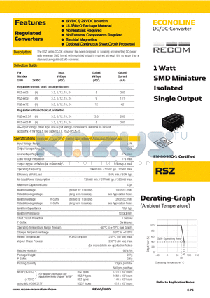 RSZ_10 datasheet - 1 Watt SMD Miniature Isolated Single Output