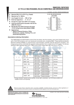 SN65C3232DE4 datasheet - 3V TO 5.5 V MULTICHANNEL RS--S3S COMPATIBLE LINE DRIVER/RECEIVER