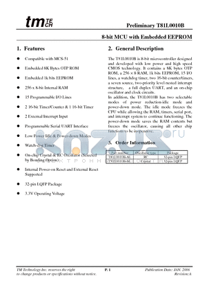 T81L0010B-BL datasheet - 8-bit MCU with Embedded EEPROM