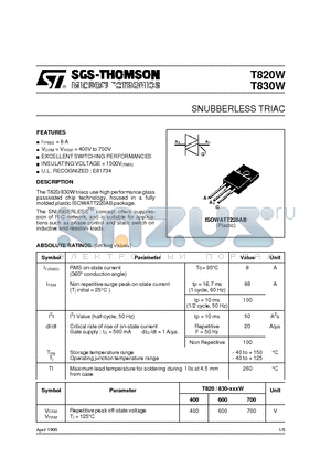 T820-400W datasheet - SNUBBERLESS TRIAC
