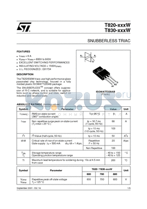 T820-600W datasheet - SNUBBERLESS TRIAC