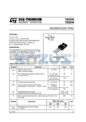 T820-600W datasheet - SNUBBERLESS TRIAC