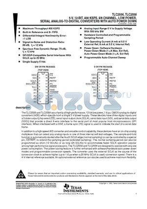 TLC2554ID datasheet - 5-V, 12-BIT, 400 KSPS, 4/8 CHANNEL, LOW POWER, SERIAL ANALOG-TO-DIGITAL CONVERTERS WITH AUTO POWER DOWN