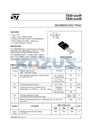 T820-XXXW datasheet - SNUBBERLESS TRIAC