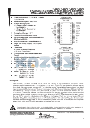 TLC2574 datasheet - 5-V ANALOG 3-/5-V DIGITAL 14-/12-BIT 200-KSPS 4-/8-CHANNEL SERIAL ANALOG TO DIGITAL CONVERTERS WITH 10-V INPUTS