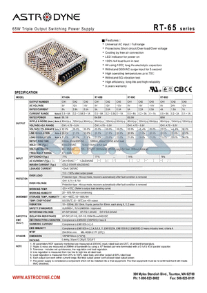 RT-65 datasheet - 65W Triple Output Switching Power Supply