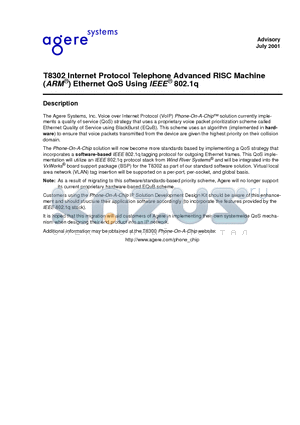 T8302 datasheet - T8302 Internet Protocol Telephone Advanced RISC Machine  (ARM) Ethernet QoS Using IEEE 802.1q