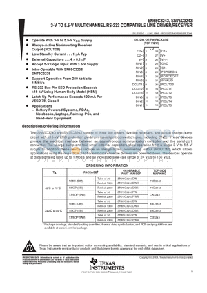 SN65C3243DBR datasheet - 3-V TO 5.5-V MULTICHANNEL RS-232 COMPATIBLE LINE DRIVER/RECEIVER