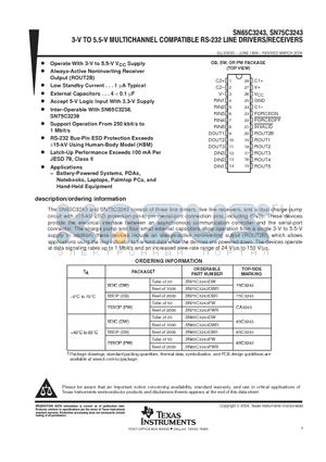 SN65C3243DW datasheet - 3V TO 5.5V MULTICHANNEL COMPATIBLE RS232 LINE DRIVERS/RECEIVERS