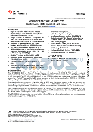 SN65DSI83 datasheet - MIPI DSI BRIDGE TO FLATLINK LVDS Single Channel DSI to Single-Link LVDS Bridge