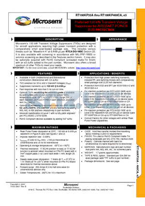 RT100KP150A datasheet - Preferred 100 kW Transient Voltage Suppressor for AIRCRAFT POWER BUS PROTECTION