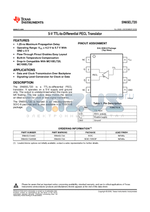 SN65ELT20 datasheet - 5-V TTL-to-Differential PECL Translator