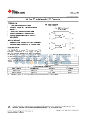 SN65ELT22 datasheet - 5-V Dual TTL-to-Differential PECL Translator