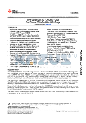 SN65DSI85ZQER datasheet - MIPI DSI BRIDGE TO FLATLINK LVDS Dual Channel DSI to Dual-Link LVDS Bridge