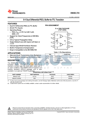 SN65ELT23D datasheet - 5-V Dual Differential PECL Buffer-to-TTL Translator