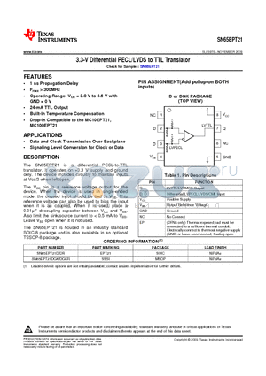 SN65EPT21DGK datasheet - 3.3-V Differential PECL/LVDS to TTL Translator