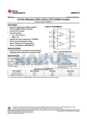SN65EPT23 datasheet - 3.3V ECL Differential LVPECL/LVDS to LVTTL/LVCMOS Translator