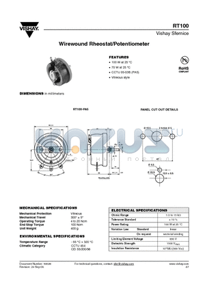 RT100_08 datasheet - Wirewound Rheostat/Potentiometer