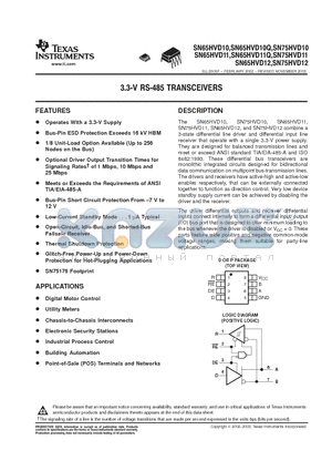 SN65HVD10 datasheet - 3.3V RS 485 TRANSCEIVERS