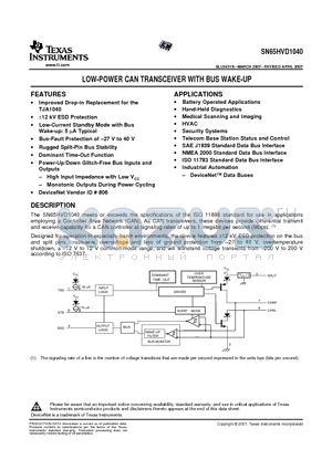 SN65HVD1040D datasheet - LOW-POWER CAN TRANSCEIVER WITH BUS WAKE-UP