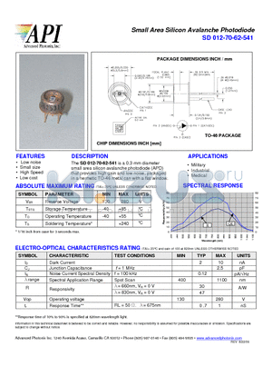 SD012-70-62-541 datasheet - Small Area Silicon Avalanche Photodiode