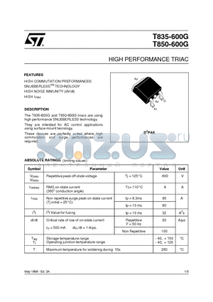 T850-600G datasheet - HIGH PERFORMANCE TRIAC