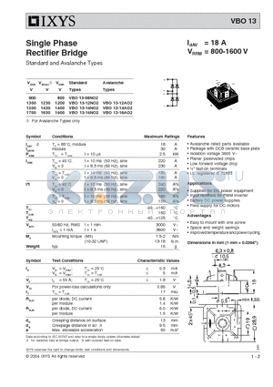 VBO13-12NO2 datasheet - Single Phase Rectifier Bridge