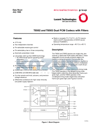T8502 datasheet - T8502 and T8503 Dual PCM Codecs with Filters