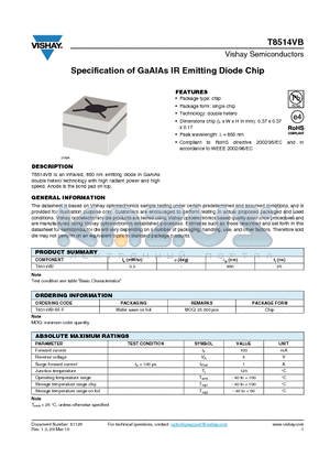 T8514VB-SF-F datasheet - Specification of GaAlAs IR Emitting Diode Chip