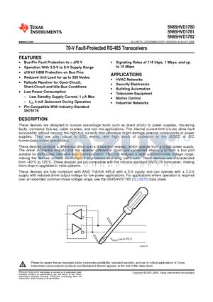 SN65HVD1780 datasheet - 70-V Fault-Protected RS-485 Transceivers