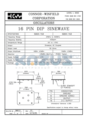 SD04-153 datasheet - 16 PIN DIP SINEWAVE