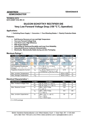 SD040SA60A datasheet - SILICON SCHOTTKY RECTIFIER DIE Very Low Forward Voltage Drop (150 `C TJ Operation)