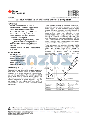 SN65HVD1780P datasheet - 70-V Fault-Protected RS-485 Transceivers with 3.3-V to 5-V Operation