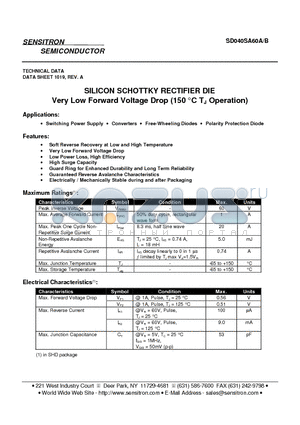 SD040SA60B datasheet - SILICON SCHOTTKY RECTIFIER DIE Very Low Forward Voltage Drop (150 `C TJ Operation)