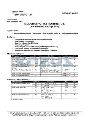 SD040SB100A datasheet - SILICON SCHOTTKY RECTIFIER DIE Low Forward Voltage Drop