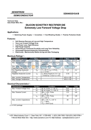 SD040SD15A datasheet - SILICON SCHOTTKY RECTIFIER DIE Extremely Low Forward Voltage Drop