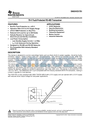 SN65HVD1781DG4 datasheet - 70-V Fault-Protected RS-485 Transceiver